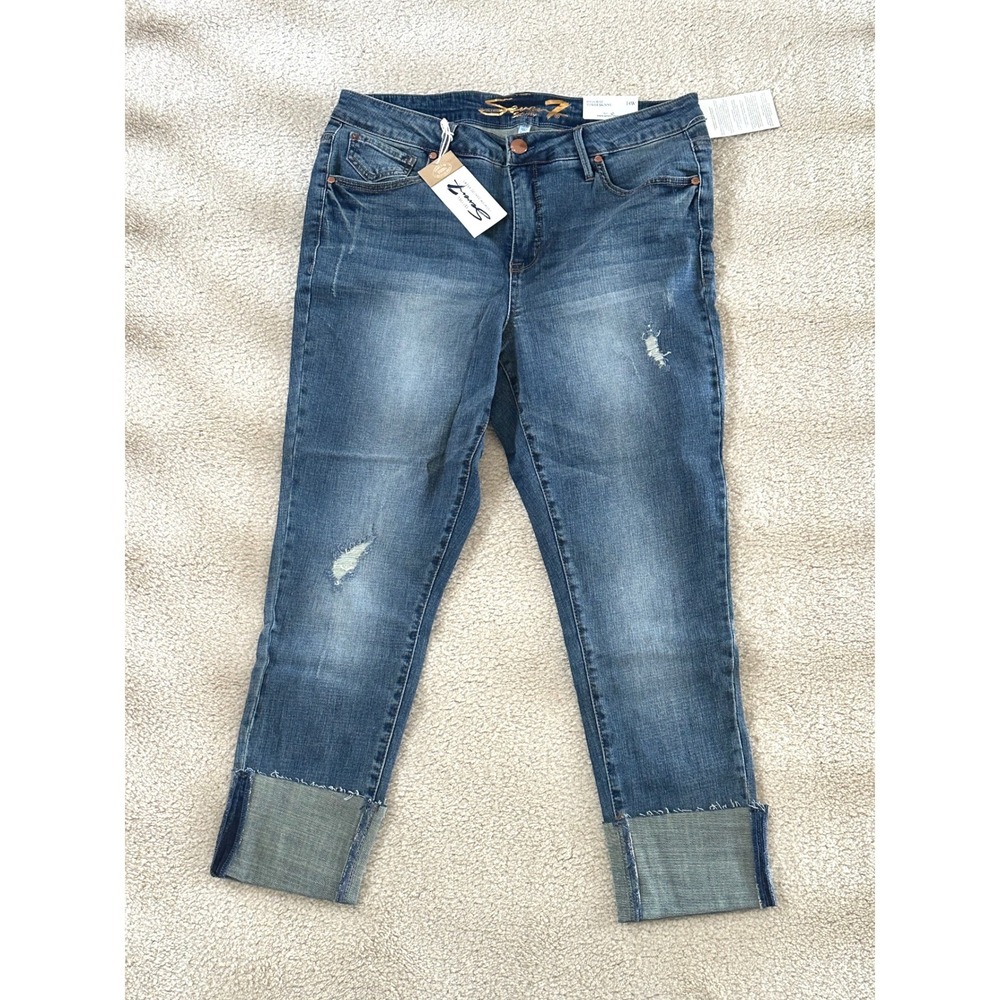 Seven7 High Rise Tower Skinny Jeans Distressed Cuffed Blue Denim 14W NEW